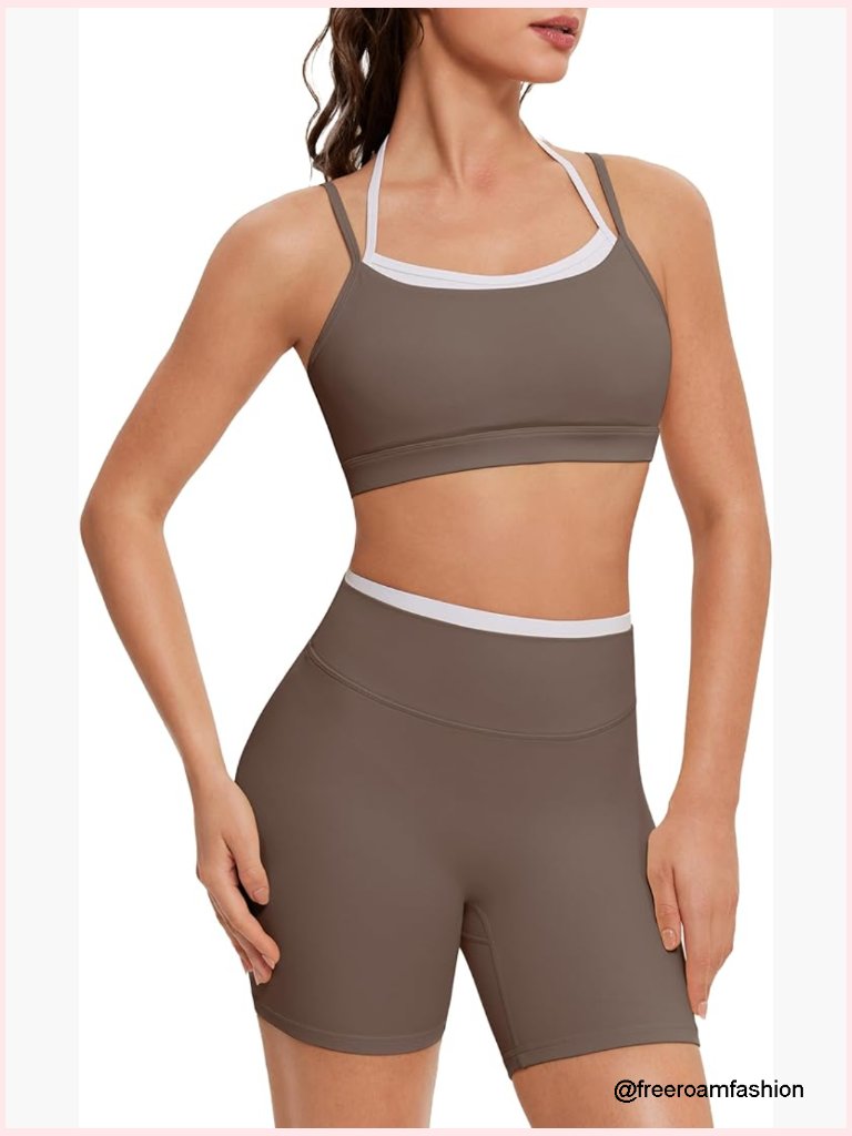 Halter Sports Bra & Biker Shorts Set - Double Layer Open Back - Gym Activewear